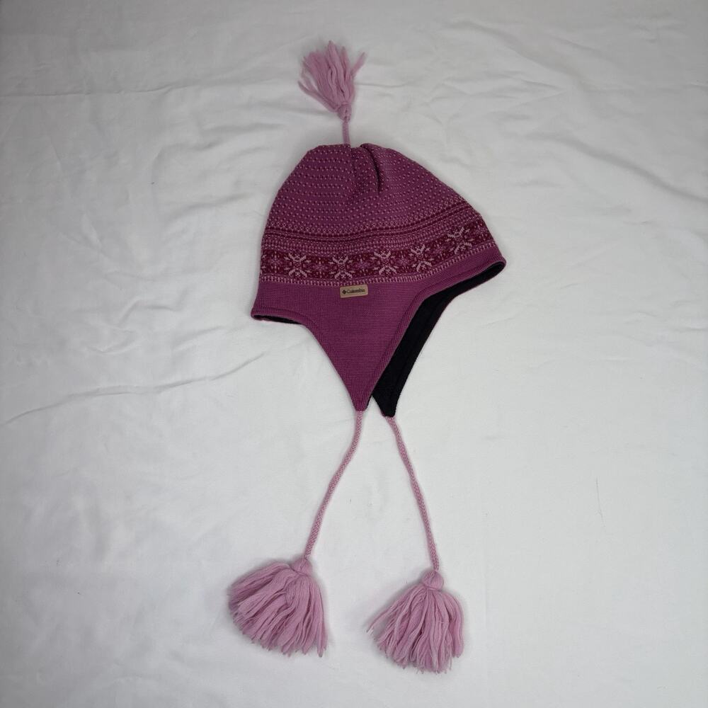 Columbia Knit Peruvian-style Hat with earflaps Pink Unisex, braided tassels